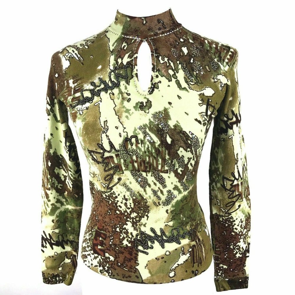 Cabo Sweater Beaded Sequins Mock Neck LS Keyhole